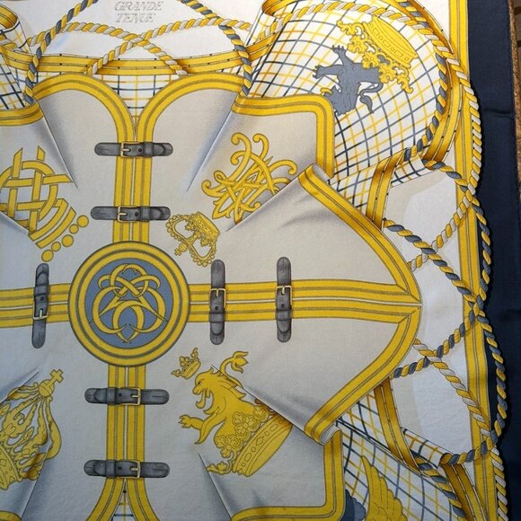Vintage Hermes Grande Tenue Silk Scarf Blues and Golden Yellow - Picture 6 of 13